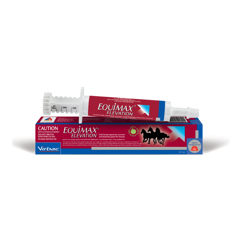 EquiMax Elevation joint supplement for horses, showing the white syringe tube resting on top of its blue and red retail box. The packaging features the Virbac brand logo and a black silhouette of three horses.