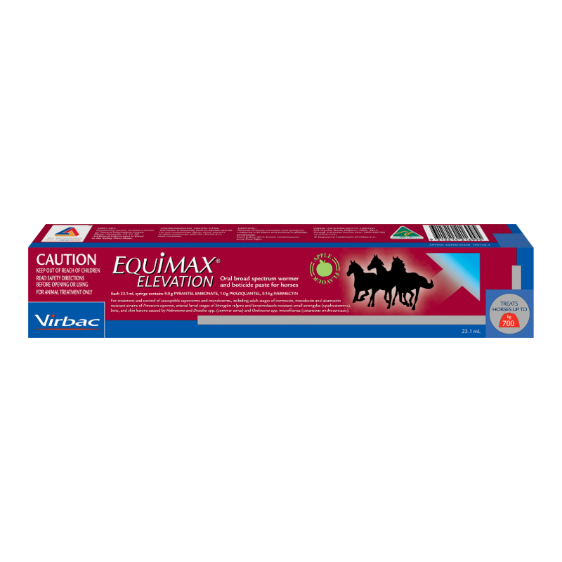 Virbac EquiMax Elevation oral broad spectrum vermifuge and antifungal powder for horses in a 25 kg box, featuring a red and blue design with a horse silhouette.