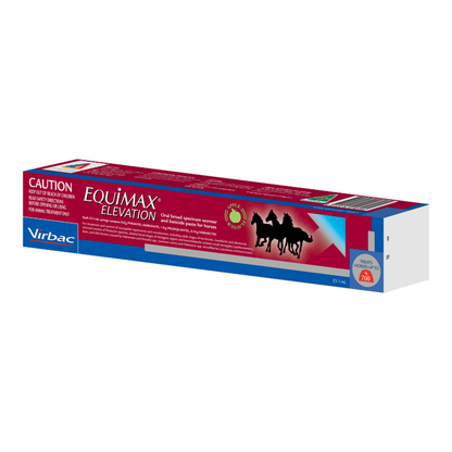 Virbac Equimax Elevation oral liquid supplement box, 250 ml, featuring a red and blue design with a horse silhouette graphic.