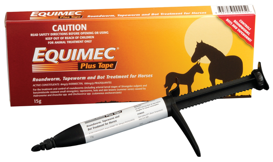 Red and orange Equimec Plus Tape 15g horse wormer box with a black paste syringe.
