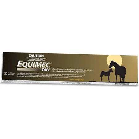 Red and orange Equimec Plus Tape 15g horse wormer box with a black paste syringe.