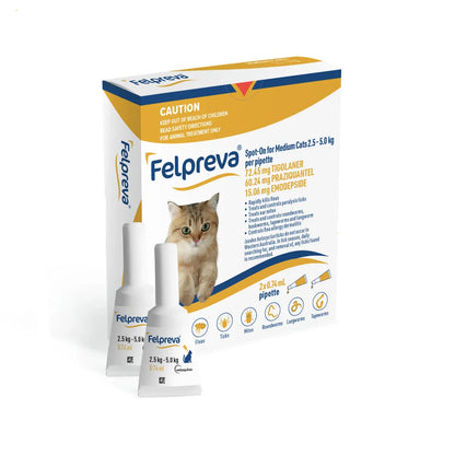 Yellow and white Felpreva Spot-On for Medium Cats (5.5-11 lbs) box with two pipettes.