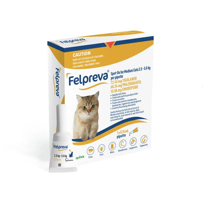 Yellow Felpreva Spot-On for Medium Cats (5.5-11 lbs) box with pipette and cat illustration.
