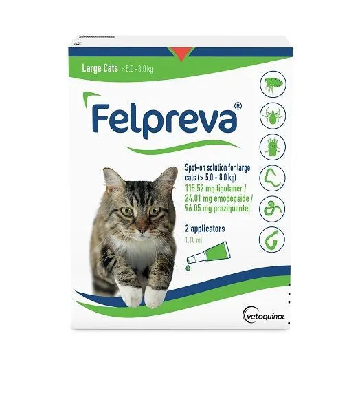 Felpreva Spot-On for Large Cats (11-17 lbs) green and white box with a tabby cat.