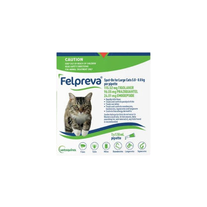 Green Felpreva Spot-On for Large Cats (11-17 lbs) box with a tabby cat and pipette illustration.