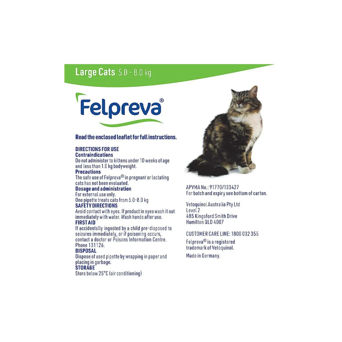 Felpreva Spot-On for Cats Large 11-17 lbs Green – back of pack – back of pack