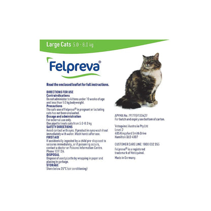 Felpreva Spot-On for Cats Large 11-17 lbs Green – back of pack – back of pack