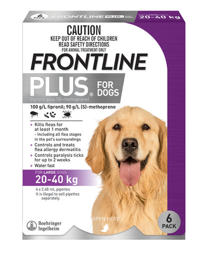 Frontline Plus flea & tick treatment for large dogs 20-40 kg, purple box with a golden retriever.