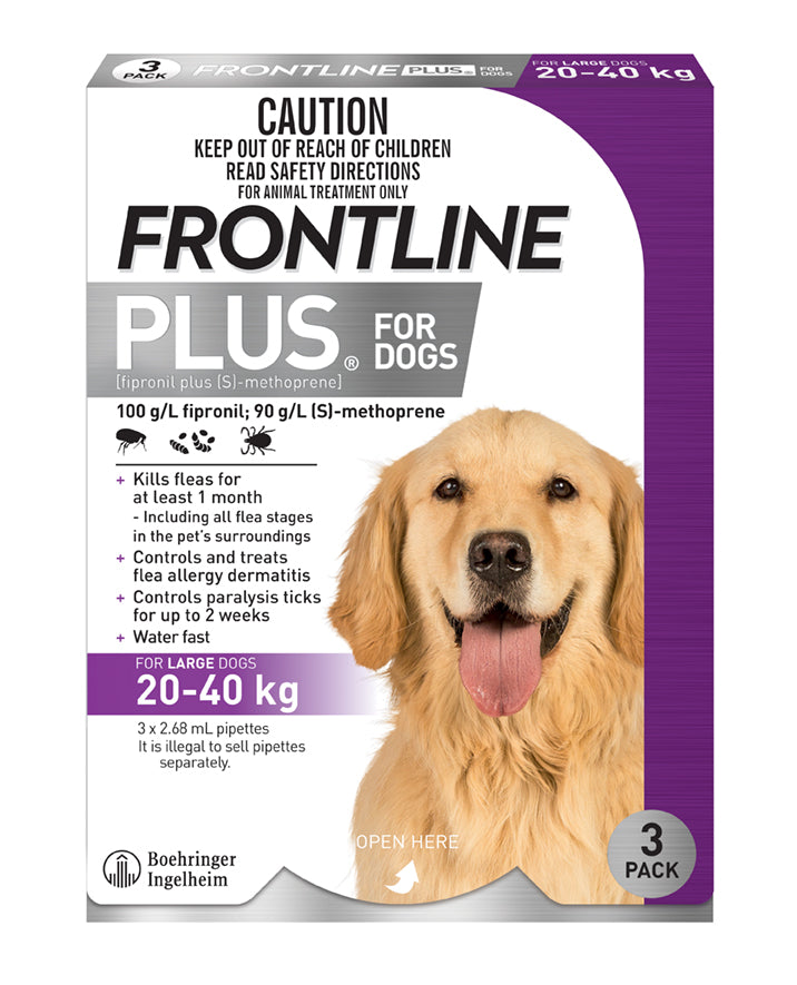 Frontline Plus flea & tick treatment for large dogs (20-40 kg) in purple packaging with a golden retriever.