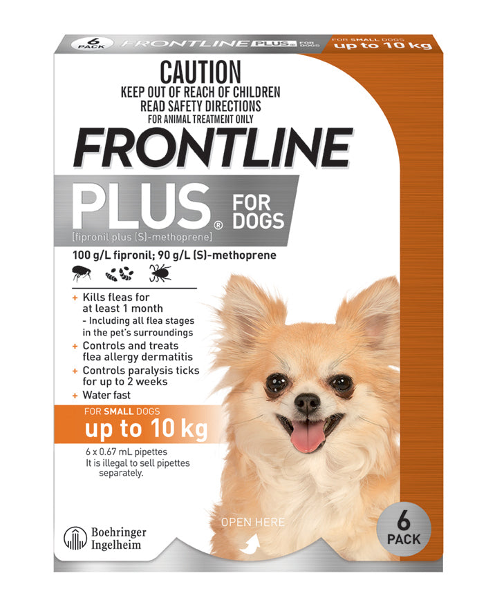 Frontline Plus for Small Dogs (up to 10 kg) orange and white box with a happy chihuahua.