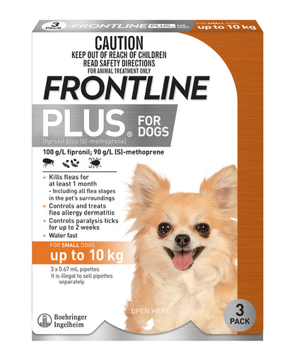 Frontline Plus for Dogs orange and white 3-pack box with a small, fluffy chihuahua.