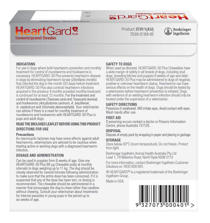 HeartGard Plus Chewables for Small Dogs (up to 25 lbs), blue box with product details.