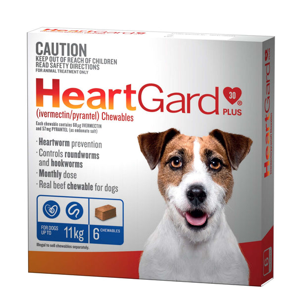 HeartGard Plus Chewables for small dogs up to 11kg, featuring a happy dog and blue packaging.