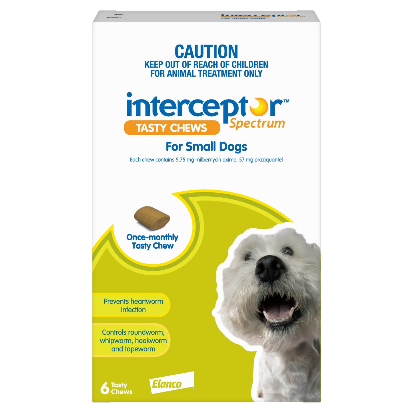 Interceptor Spectrum Tasty Chews for Small Dogs, green and white box with a dog and a chew.