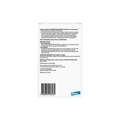 Interceptor Spectrum Chewables for Large Dogs 44-99 lbs 20-45 kg Blue – back of pack