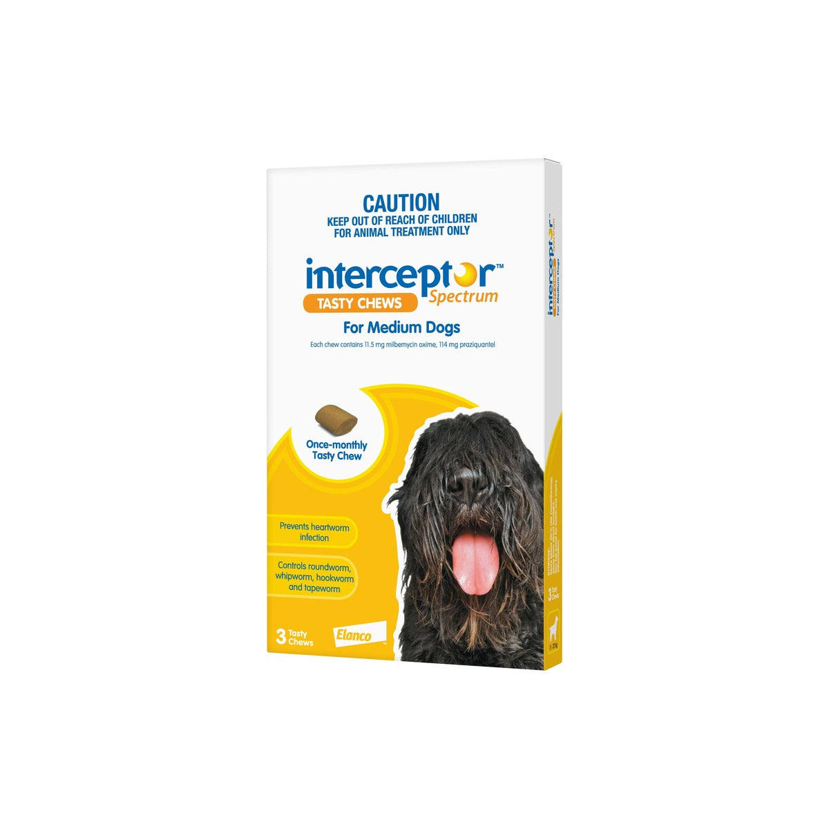 Interceptor Spectrum Chewables for Medium Dogs 22-44 lbs 10-20 kg Yellow – front of pack