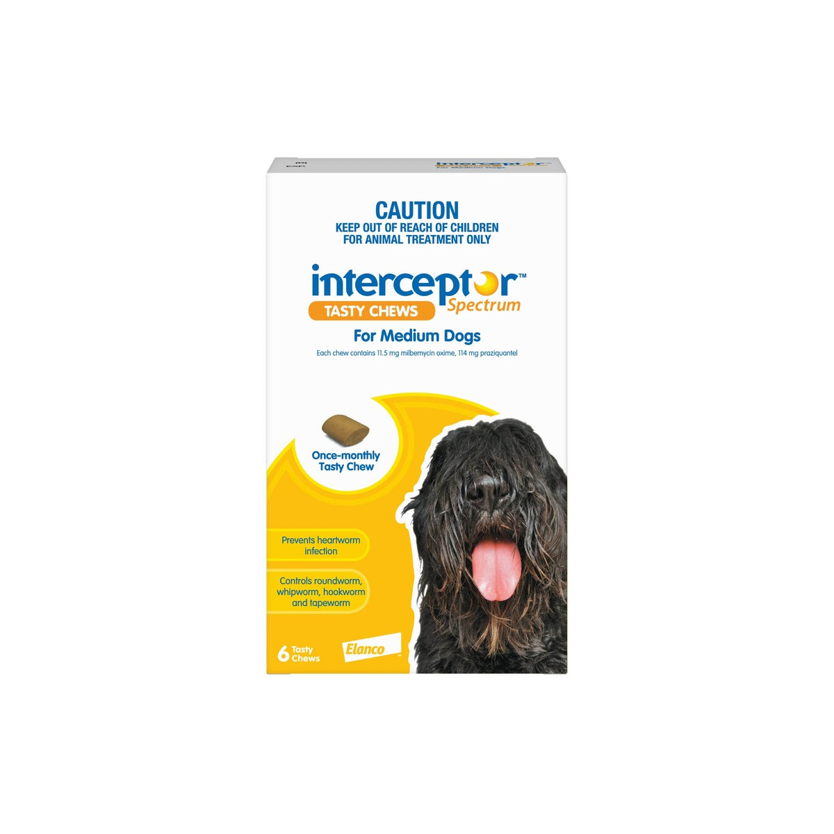 Interceptor Spectrum Chewables for Medium Dogs 22-44 lbs 10-20 kg Yellow – front of pack