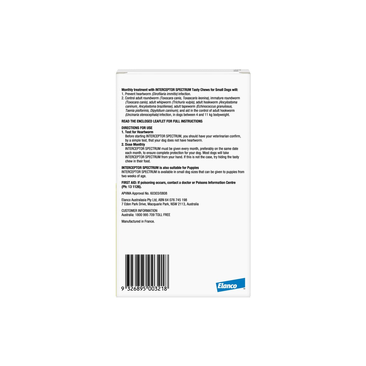 Interceptor Spectrum Chewables for Small Dogs 8.8-22 lbs 4-10 kg Green – back of pack
