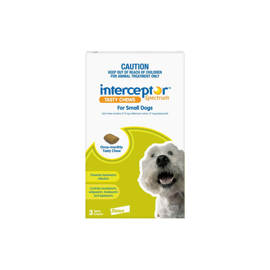 Interceptor Spectrum Chewables for Small Dogs 8.8-22 lbs 4-10 kg Green – front of pack – front of pack