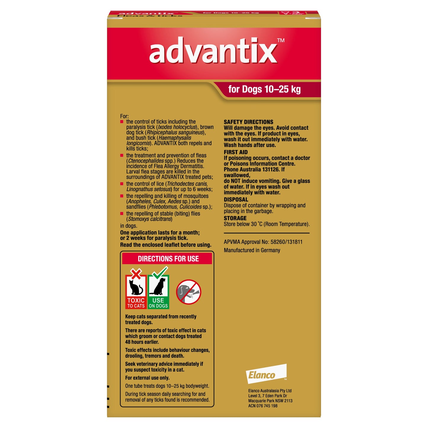 Advantix for Dogs 10-25kg box, red and gold design with product details and safety warnings.