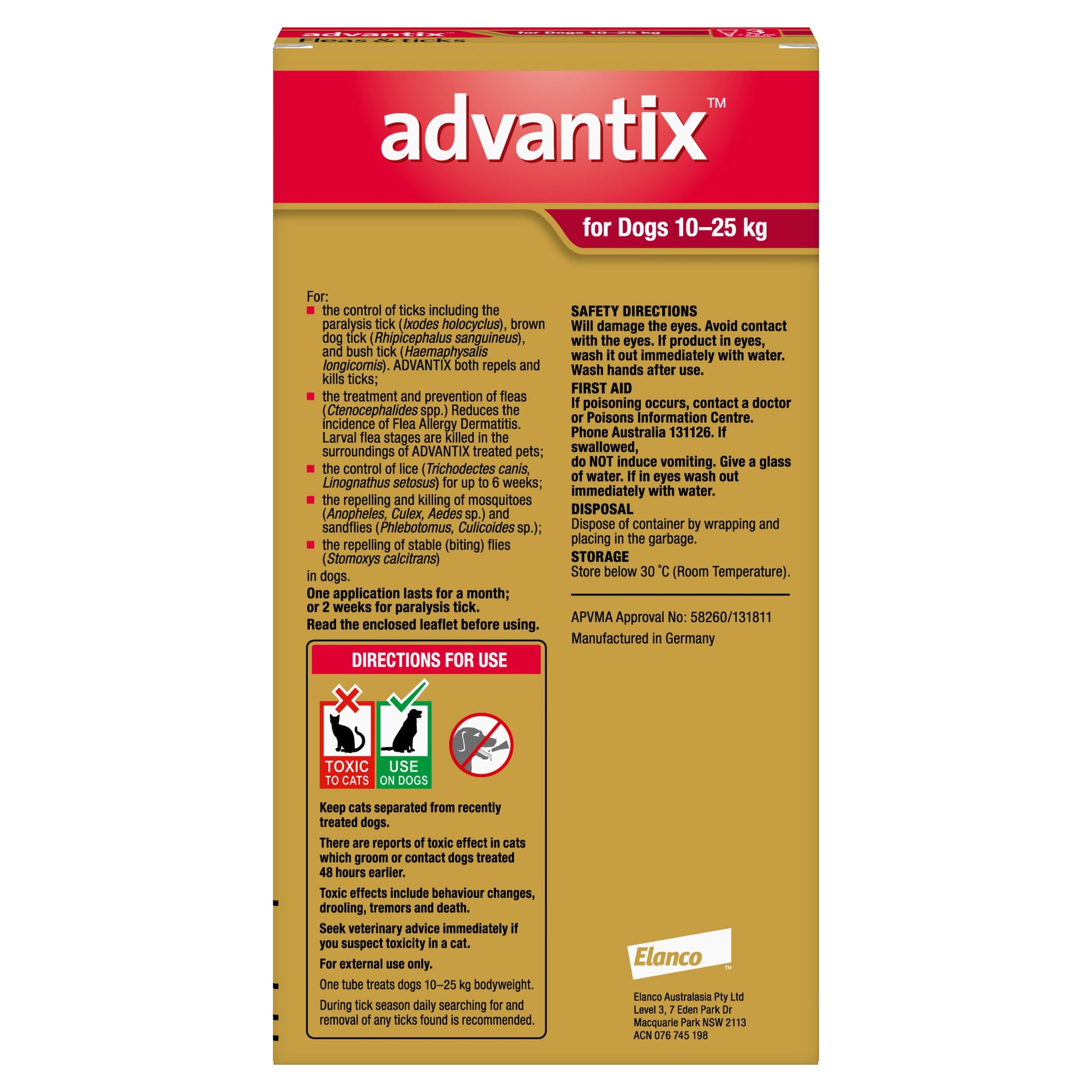 Advantix for Dogs 10-25kg box, red and gold design with product details and safety warnings.