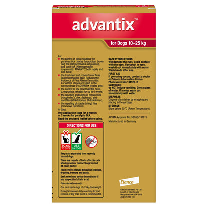 Advantix for Dogs 10-25kg box, red and gold design with product details and safety warnings.
