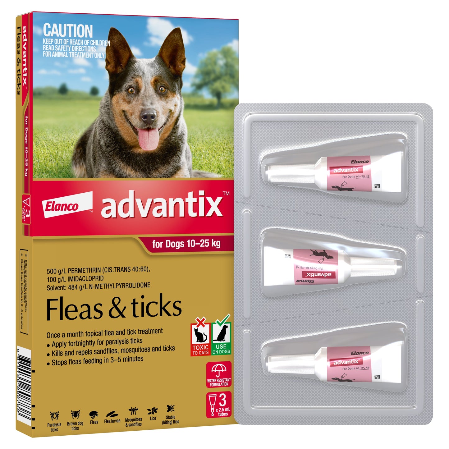 K9 Advantix for Dogs 10-25kg box with a blue heeler and a blister pack of three white tubes.
