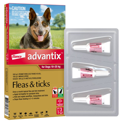 K9 Advantix for Dogs 10-25kg box with a blue heeler and a blister pack of three white tubes.