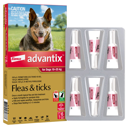 K9 Advantix for Dogs 10-25kg box with a blue heeler dog, showing six white topical treatment tubes.