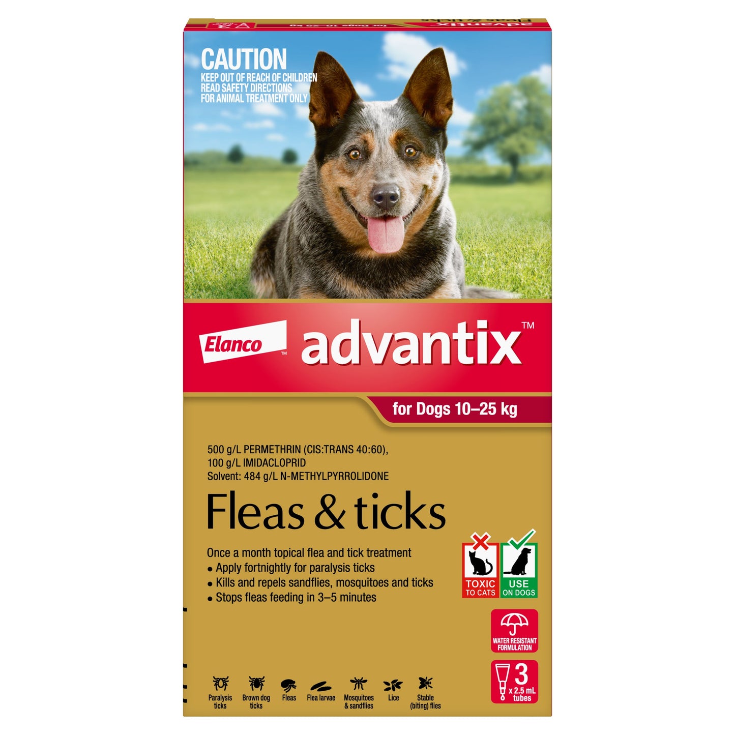 K9 Advantix for Dogs 10-25kg box with a blue heeler dog, red and white text, and parasite icons.