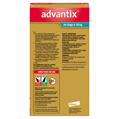 Red and tan K9 Advantix box for dogs 4-10kg, showing parasite protection details.