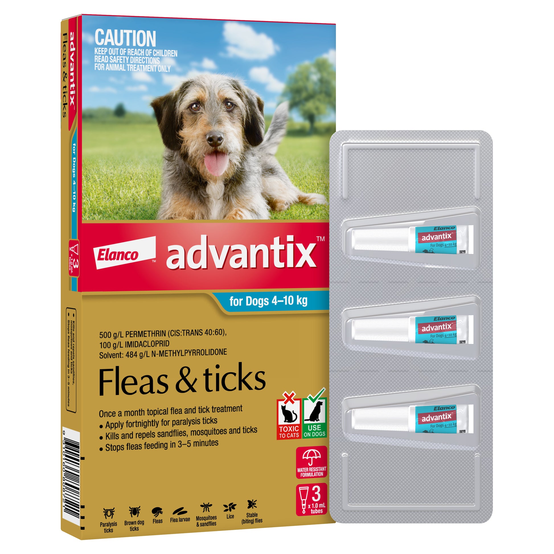 K9 Advantix for Dogs 4-10kg box with a dog, showing three 1.0mL topical tubes.