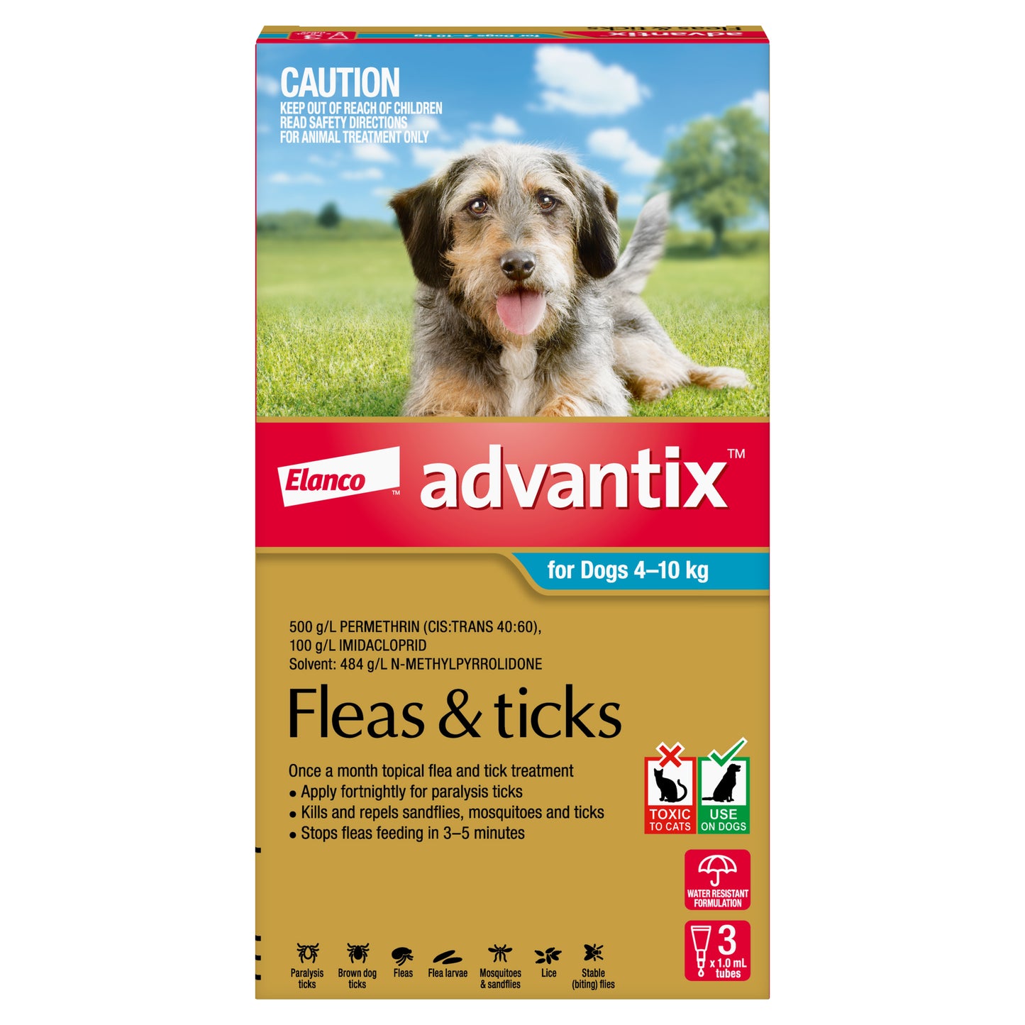 K9 Advantix for Dogs 4-10kg box with a terrier-mix dog on green grass.