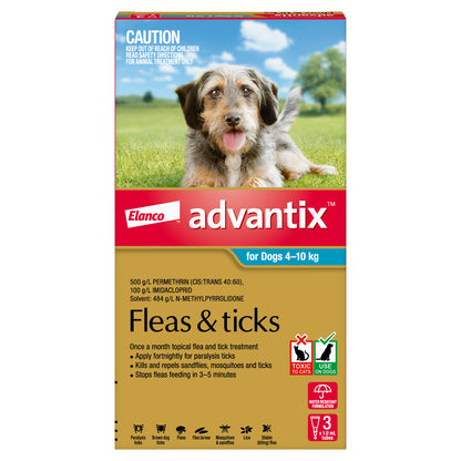 K9 Advantix for Dogs 4-10kg box with a terrier-mix dog on green grass.