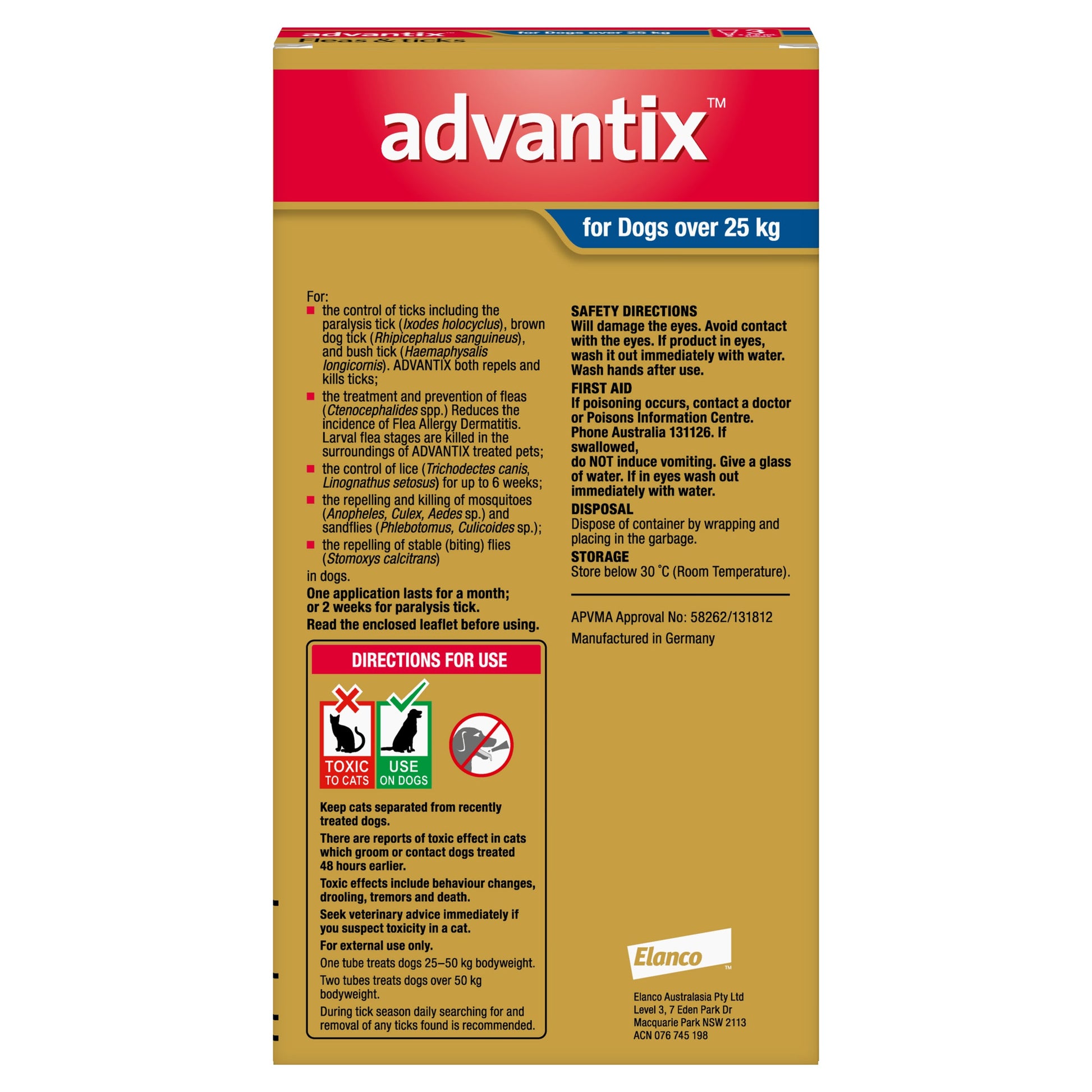 K9 Advantix for Dogs over 25kg, red and gold packaging with product details and usage instructions.