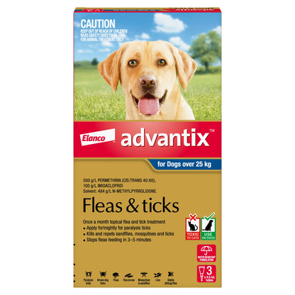 Advantix for Dogs over 25kg, featuring a happy yellow lab and red packaging with parasite icons.