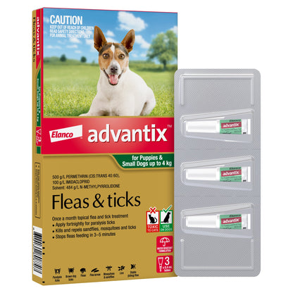 K9 Advantix for puppies & small dogs up to 4kg, with 3 tubes, in red and green packaging.