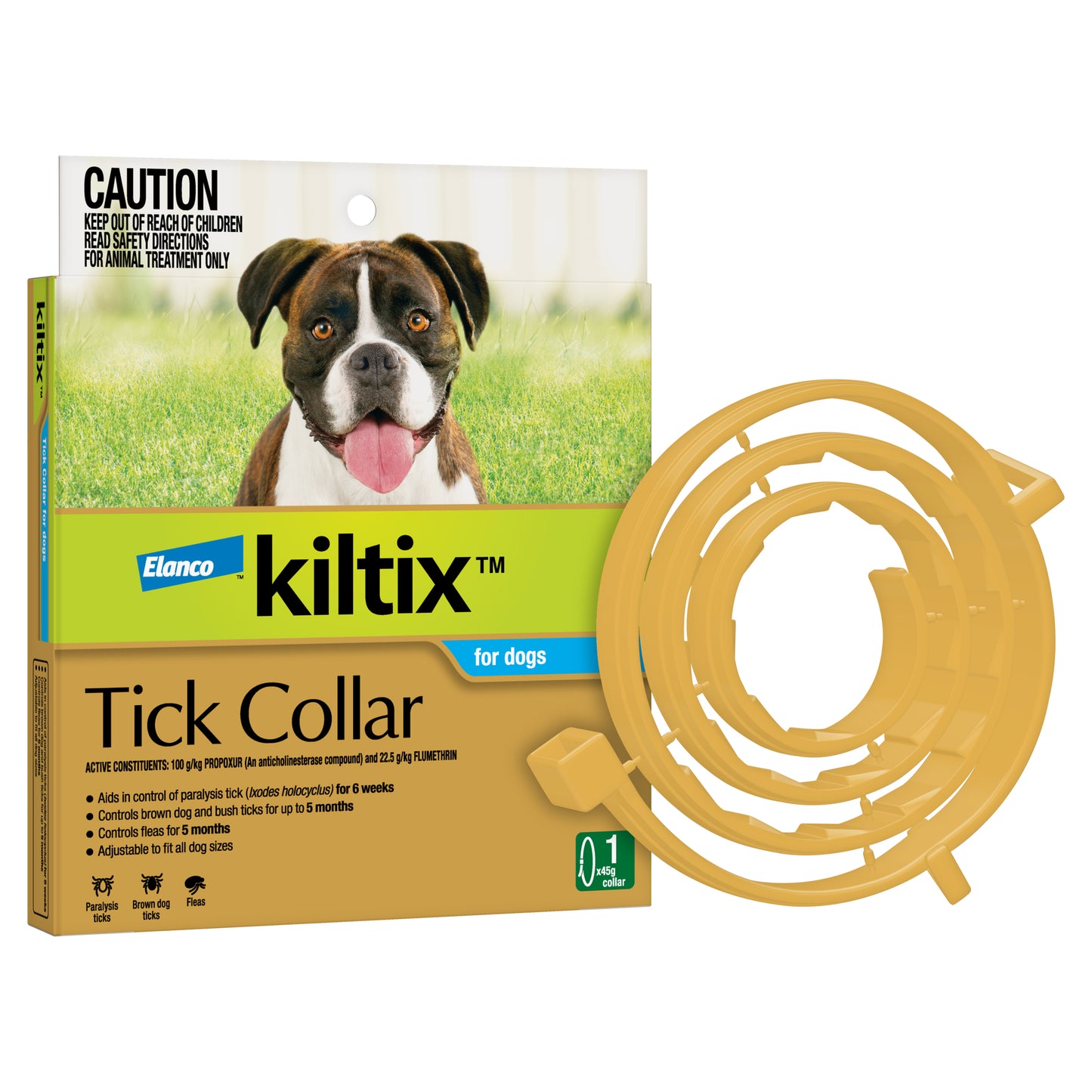 Kiltix collar for dogs, protective flea and tick control collar in packaging