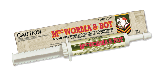 Farnam MecWorma & Bot 33g horse worm paste syringe with green label and matching box.