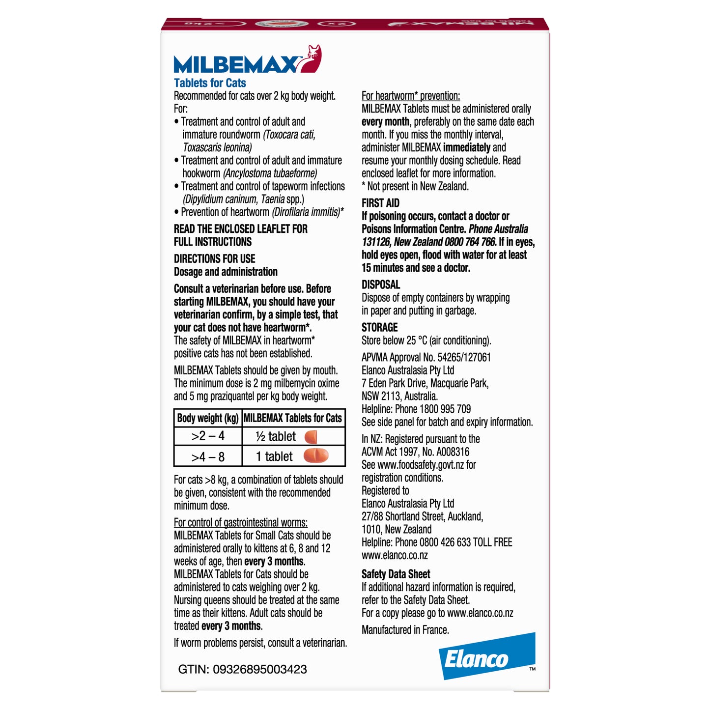 Milbemax Tablets for Cats product packaging with dosage information and key features on a white background.