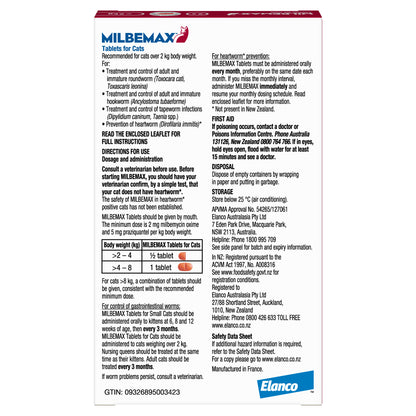 Milbemax Tablets for Cats product packaging with dosage information and key features on a white background.