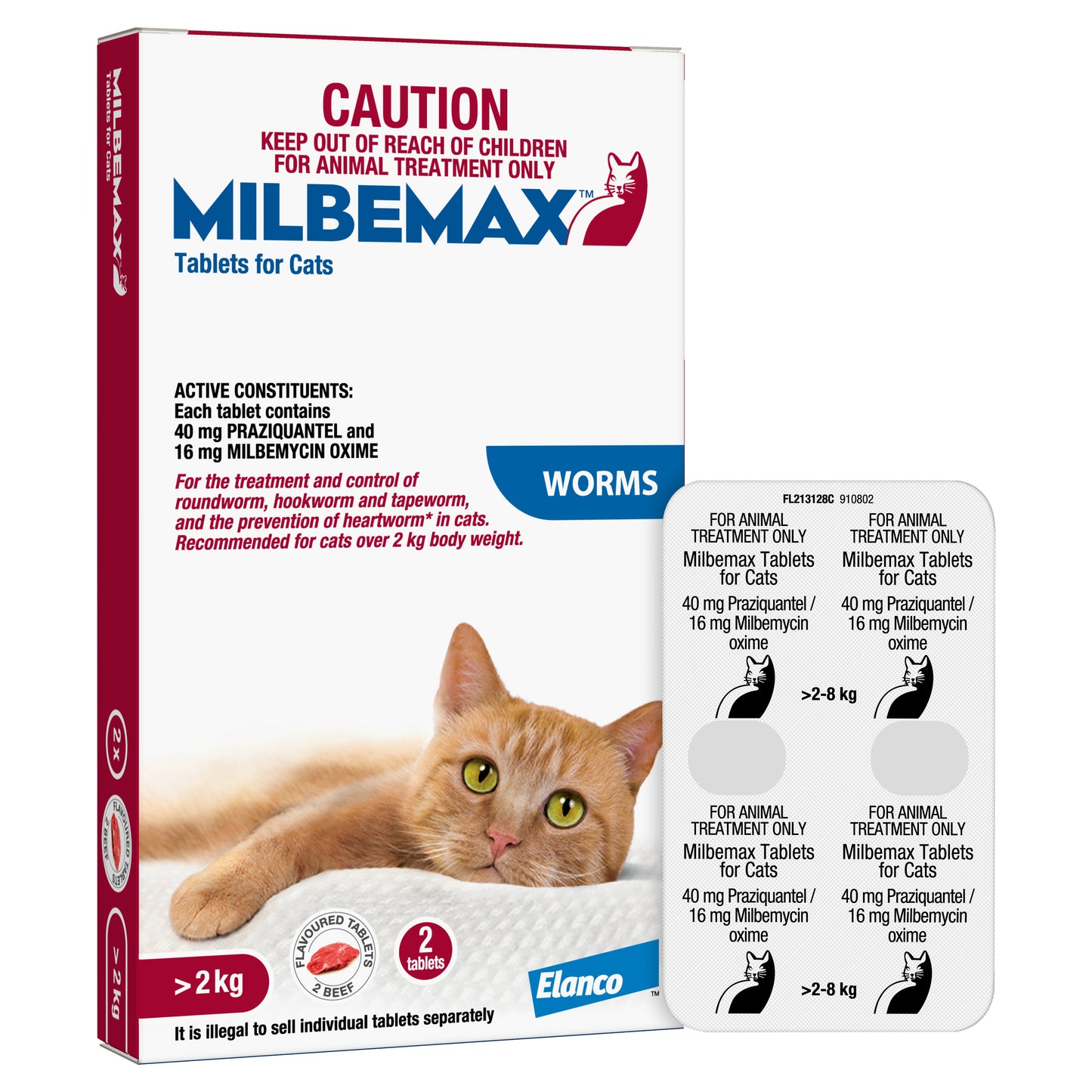 White and red Milbemax Allwormer box for large cats (4.4-17.6lbs) with an orange cat and two tablet packs.