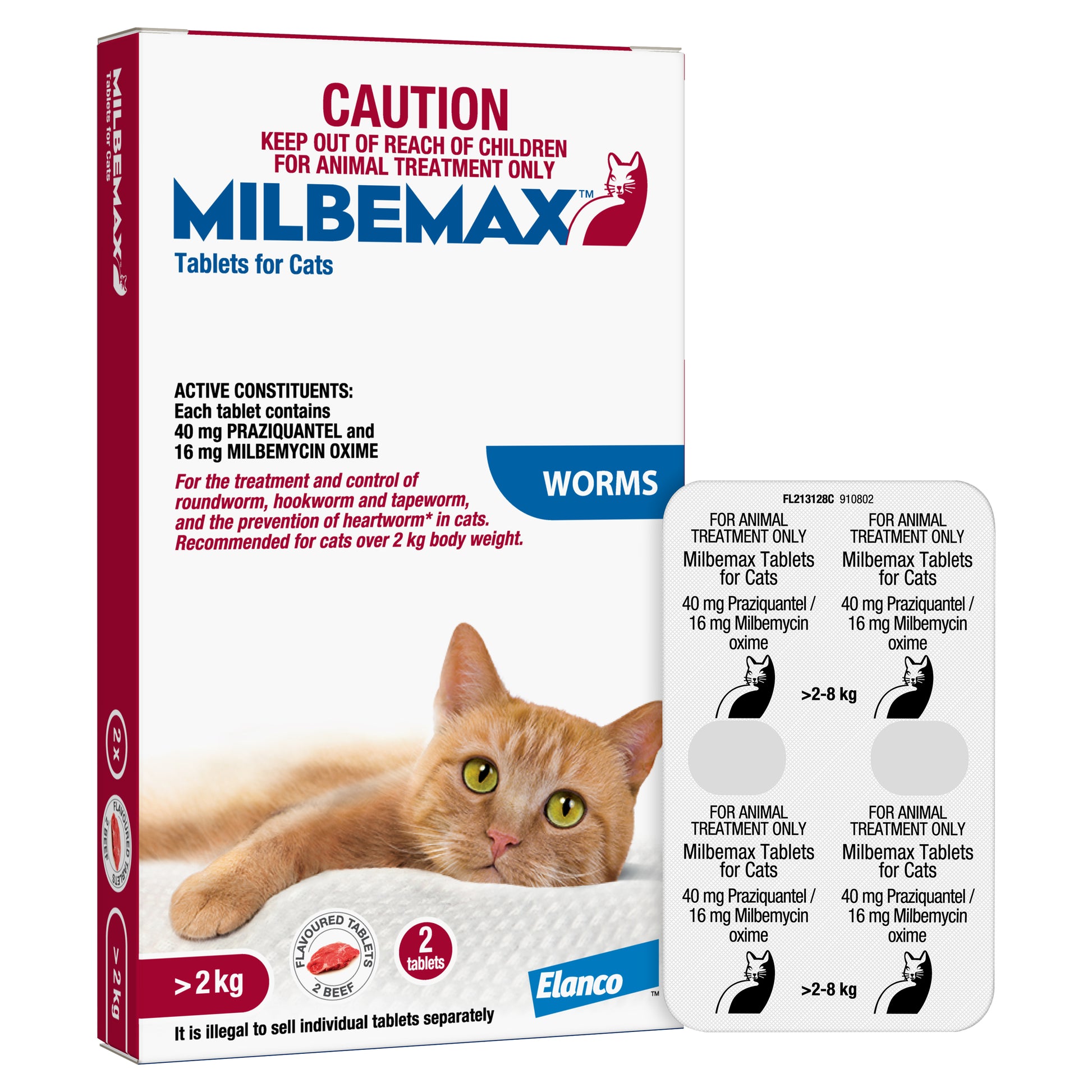 White and red Milbemax Allwormer box for large cats (4.4-17.6lbs) with an orange cat and two tablet packs.