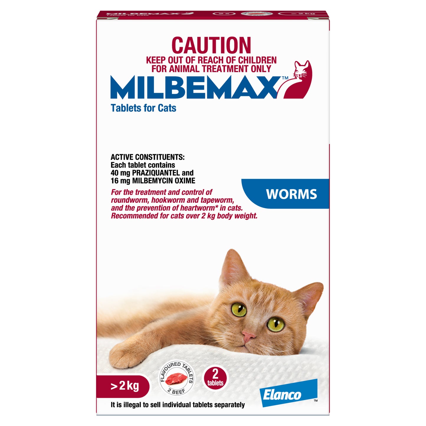 Milbemax Allwormer for large cats, 4.4-17.6lbs, 2 beef-flavored tablets, featuring an orange cat.