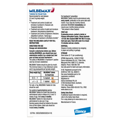 Milbemax Allwormer Tablets for Small Cats, 0.5-2kg, with dosage chart and product details.