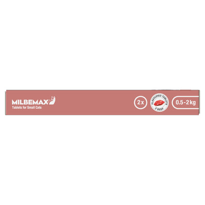 Milbemax Allwormer for Small Cats, 0.5-2kg, 2x beef-flavoured tablets in a pink box.