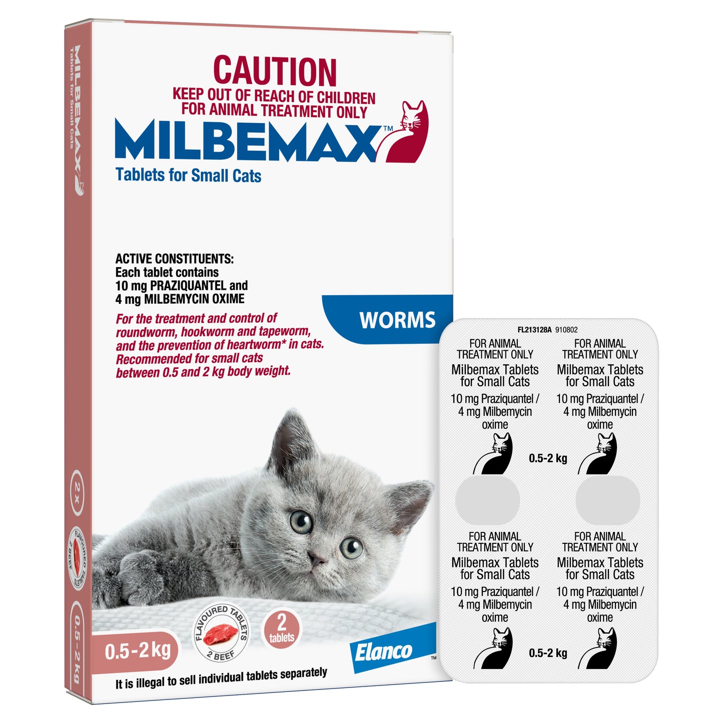 Milbemax Allwormer for small cats (0.5-2kg) with 2 beef-flavored tablets, shown with a kitten.