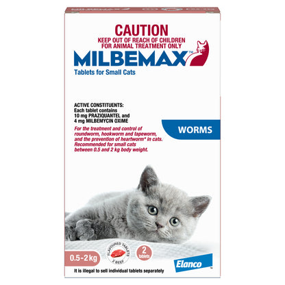 White Milbemax cat allwormer box for small cats 0.5-2kg, featuring a grey kitten and red text.