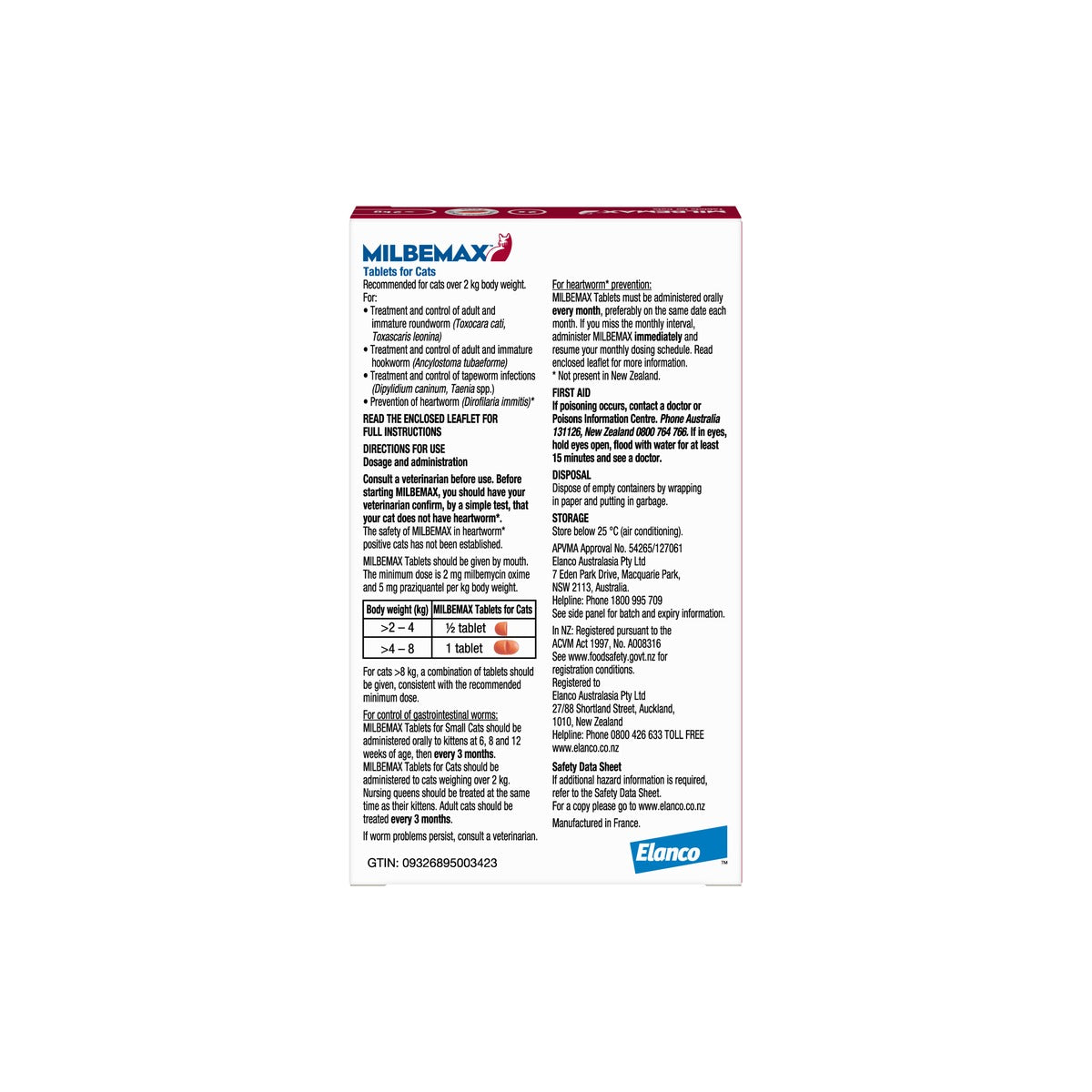 Milbemax Allwormer Cat Large 4.4 - 17.6lbs – back of pack – back of pack