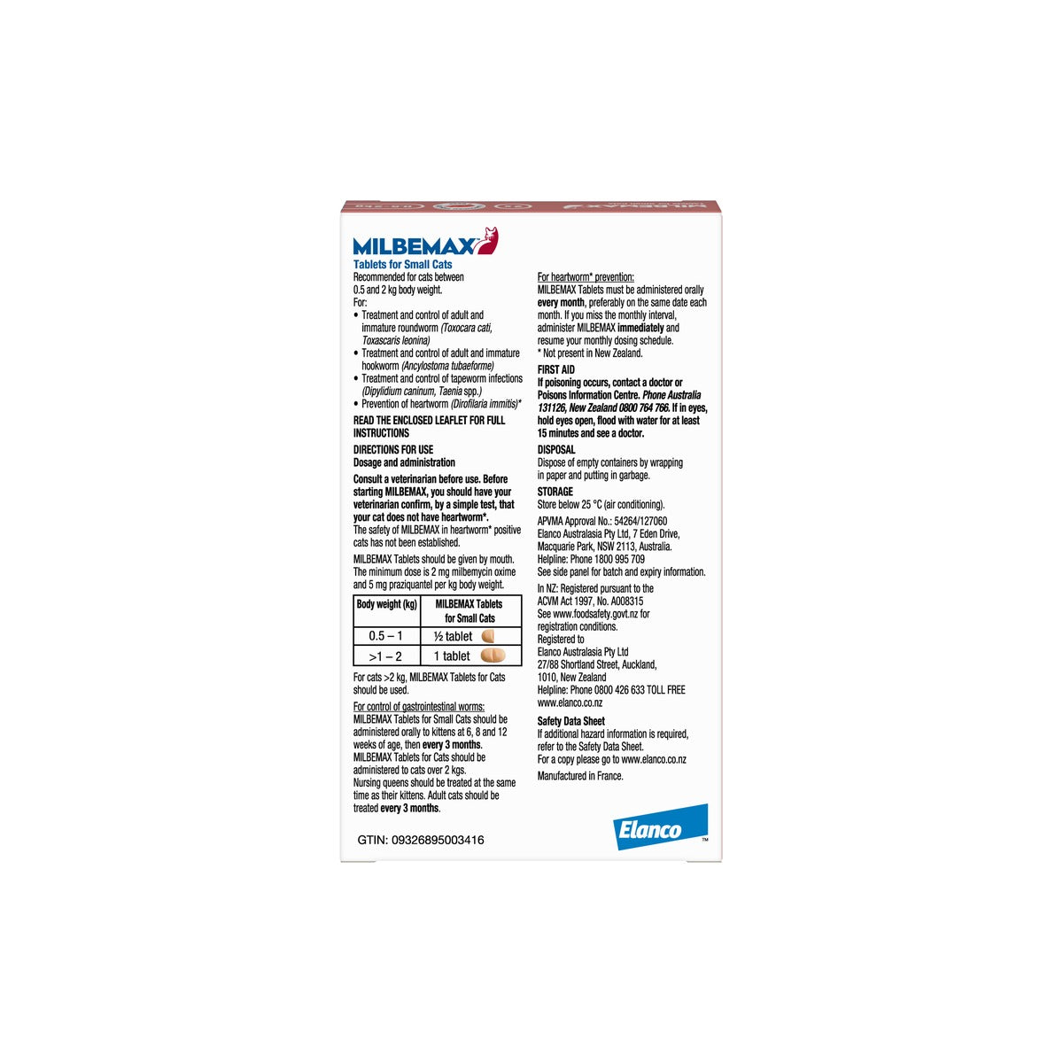 Milbemax Allwormer Cat Small 1.1 - 4.4lbs – back of pack – back of pack